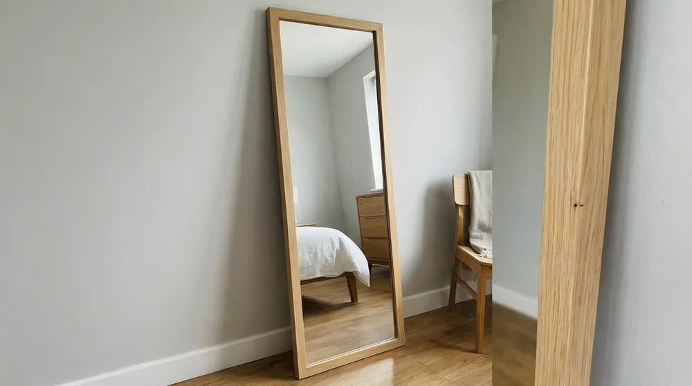 Full-length bedroom mirror with slim-profile MDF frame leaning against wall