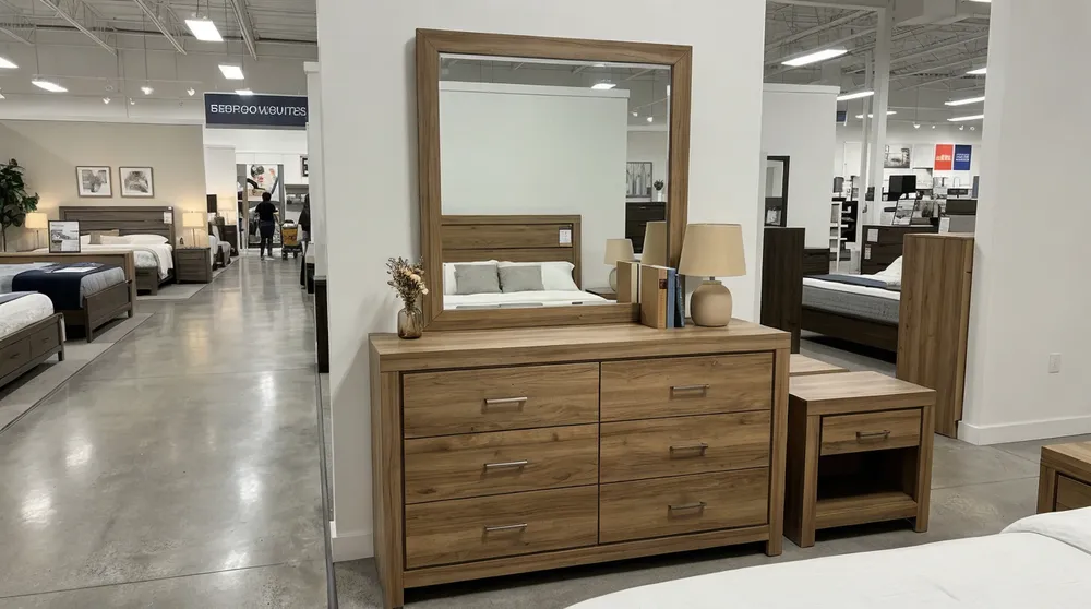 Bedroom mirror coordinated with dresser set in furniture showroom display