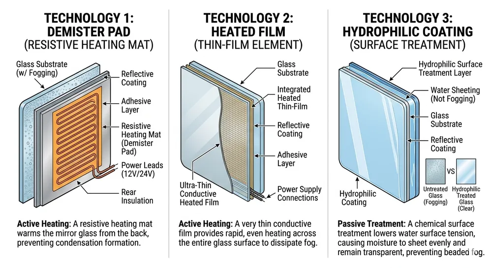 Anti-Fog Mirror Technology Comparison Side-by-side comparison of demister pad, heated film, and hydrophilic coating anti-fog mirror technologies