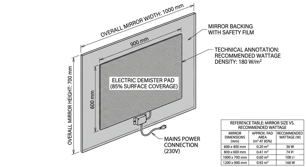 Demister Pad Wattage Sizing Guide Diagram showing demister pad coverage area and wattage density calculation for different bathroom mirror sizes