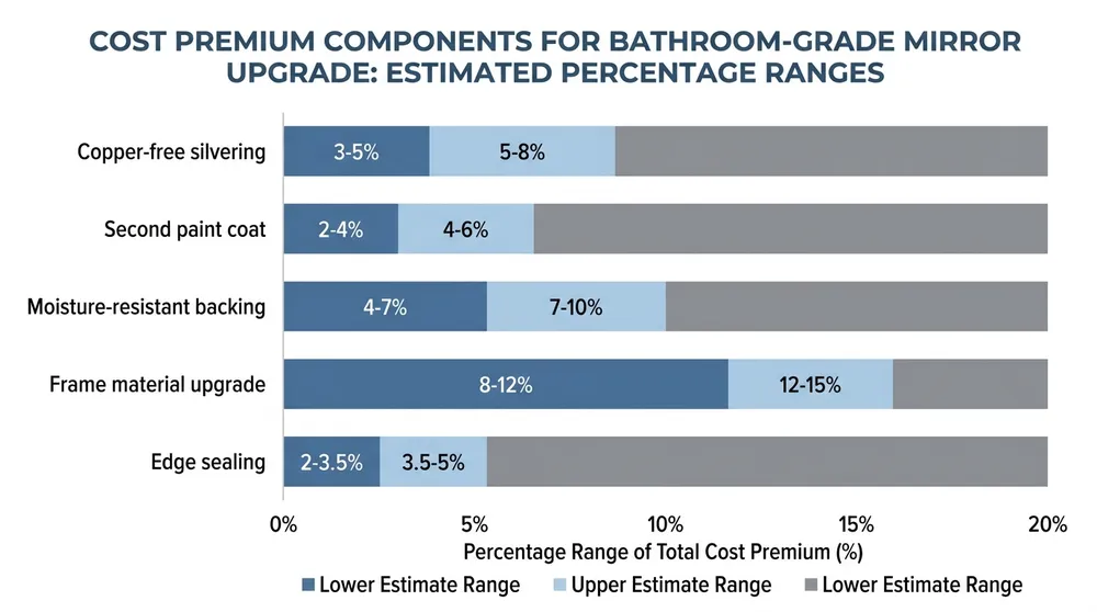 Bar chart showing unit cost premium breakdown for bathroom-grade mirror specifications versus living room-grade baseline