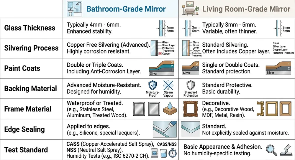 Side-by-side spec comparison chart for bathroom-grade vs living room-grade decorative mirrors covering silvering, coating, backing, and frame material