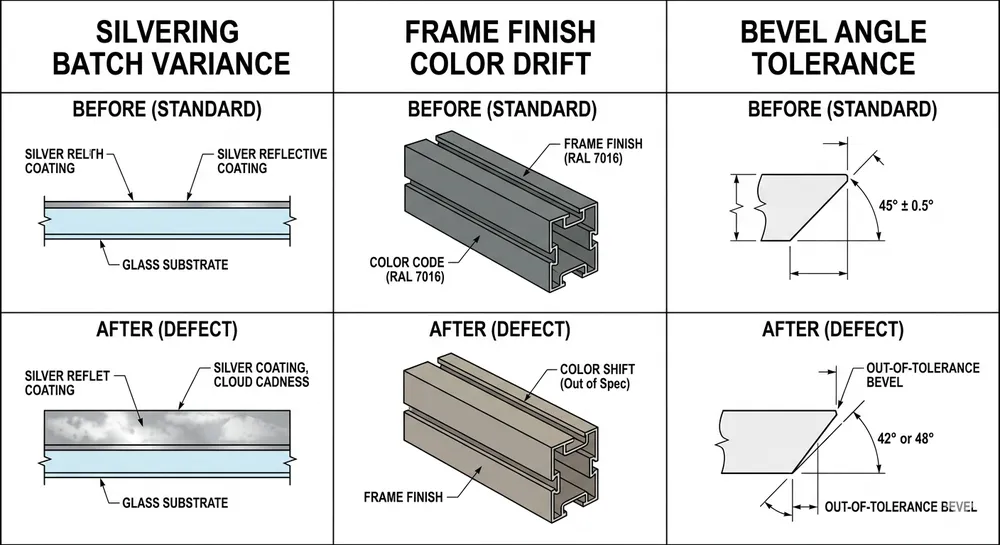 Diagram showing three production variables that cause style inconsistency in bulk bedroom mirror orders: silvering batch variance, frame finish color drift, and bevel angle tolerance