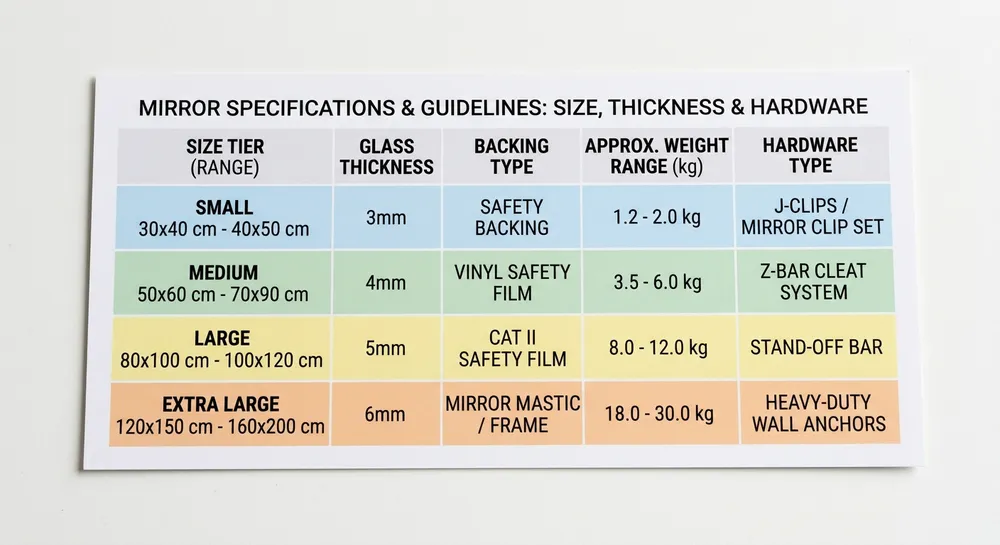 Visual spec reference showing bedroom mirror glass thickness, backing type, and hardware requirements by size range