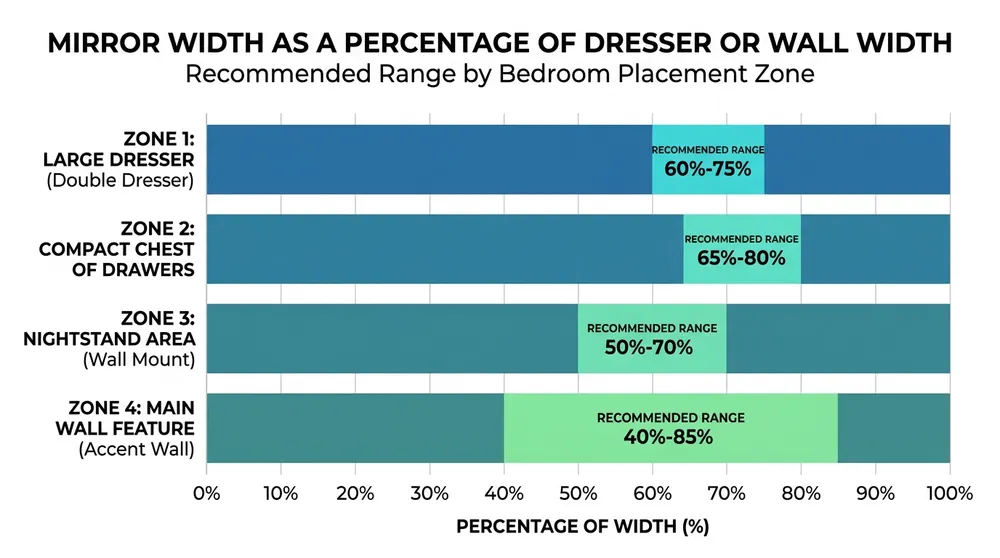 Chart showing recommended bedroom mirror widths relative to dresser and wall widths across four placement zones