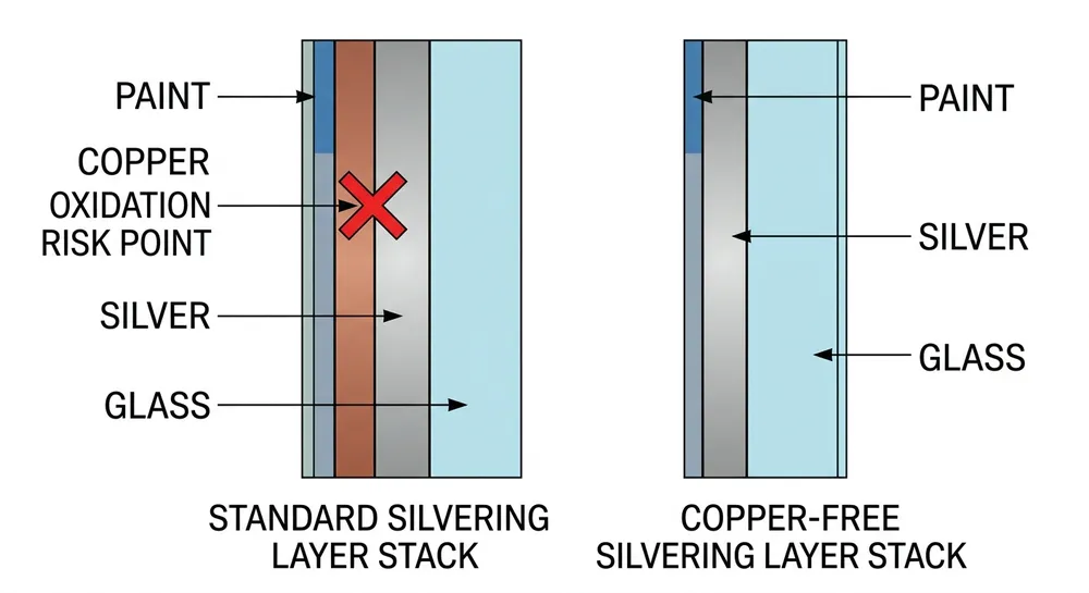 Copper-Free vs Standard Silvering Cross-Section Cross-section diagram comparing standard copper-backed silvering and copper-free silvering layers on mirror glass