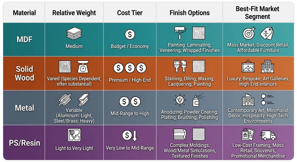 Frame Material Specification Comparison Comparison matrix of MDF, solid wood, metal, and PS frame materials showing weight, cost tier, finish options, and best-fit applications