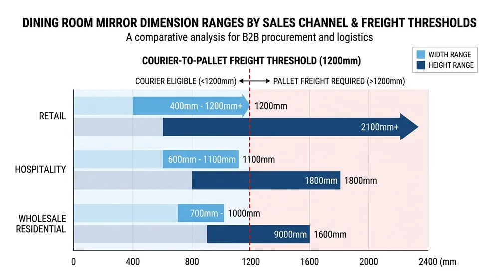 Chart showing standard dining room mirror dimension ranges for retail, hospitality, and wholesale channels