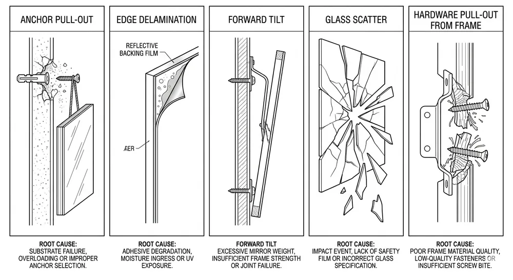 Diagram illustrating five common hallway mirror mounting failure modes with root cause labels and prevention notes