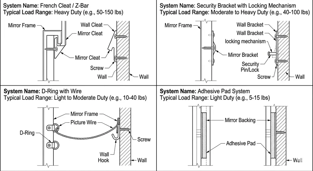 Side-by-side diagram comparing French cleat, security bracket, D-ring, and adhesive mounting systems for hallway mirrors with load ratings