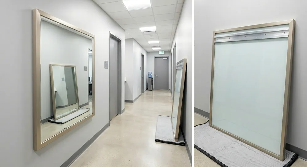 Large framed mirror mounted securely on a commercial hallway wall with visible French cleat hardware and safety backing film