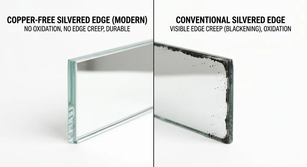 Side-by-side comparison of copper-free silvered mirror edge versus conventional silvered mirror edge showing oxidation difference
