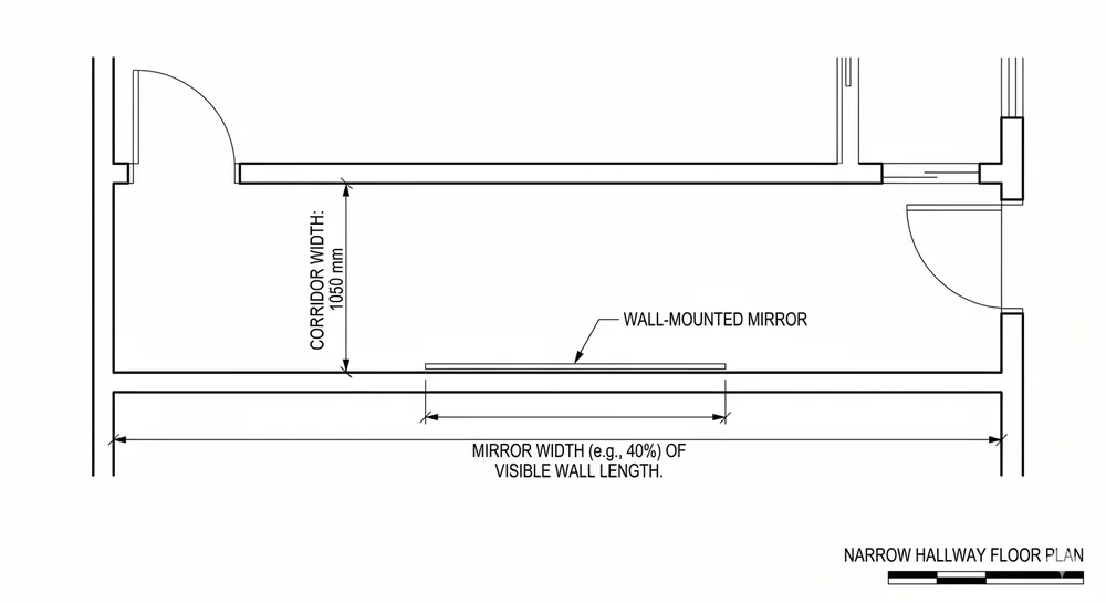 Diagram showing recommended mirror width as a percentage of corridor width for narrow hallway installations