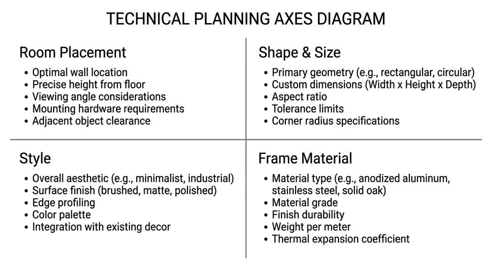 Diagram showing four planning axes for home decor mirror SKU assortment — room placement, shape and size, style, and frame material