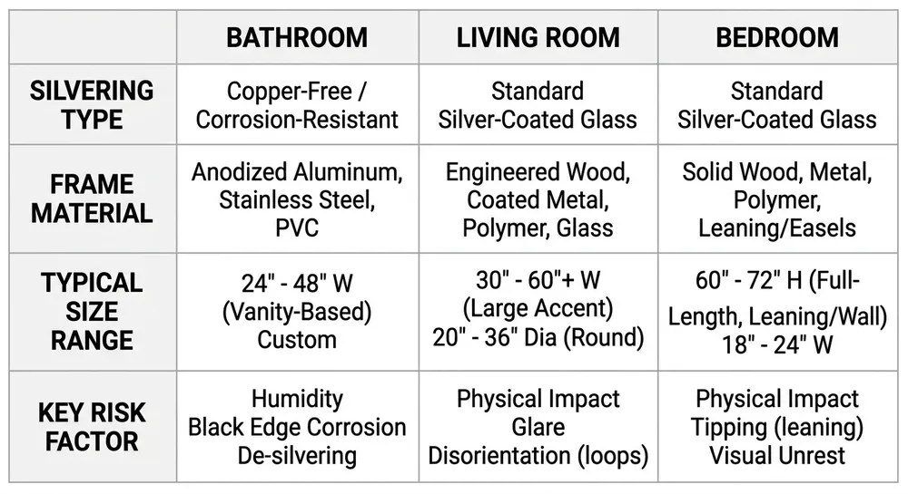 Comparison table of mirror spec requirements by room — bathroom, living room, and bedroom — covering silvering, frame material, and size range