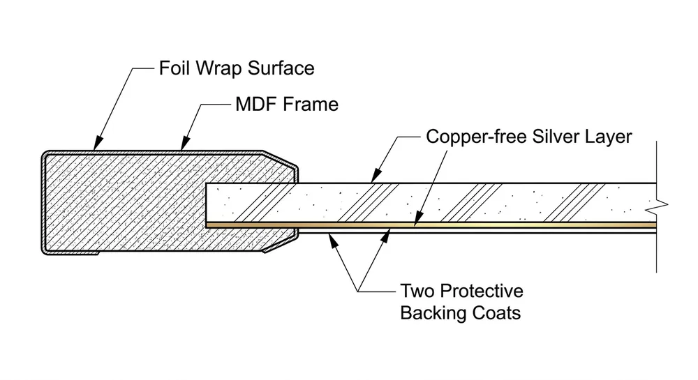 Entry-level decorative mirror with MDF frame showing foil wrap finish and copper-free silver backing layers