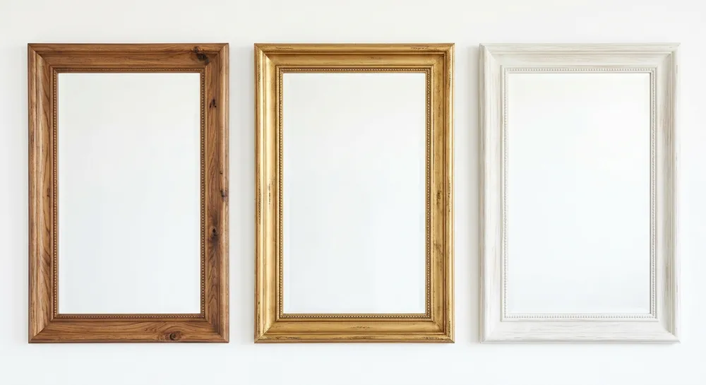 Mid-range decorative mirrors showing solid wood frame finish variations including antique gold, whitewash, and natural stain