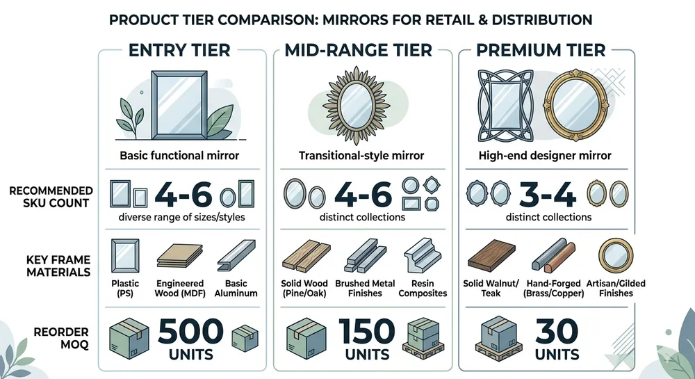 Mirror wholesale assortment planning matrix showing SKU count recommendations across entry mid-range and premium tiers