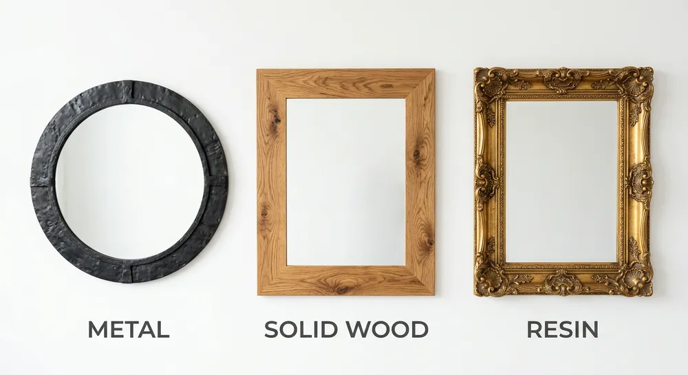 Premium decorative mirror frame material options showing wrought iron, solid oak, and resin ornate frame side by side