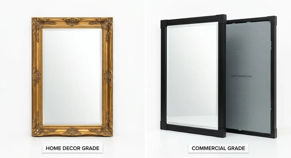 Side-by-side comparison of a home decor decorative mirror and a commercial-grade hospitality mirror showing frame and glass differences