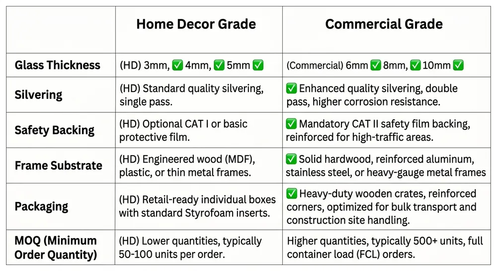 Home vs Commercial Mirror Spec Matrix Specification comparison matrix showing glass thickness, silvering, safety backing, and frame differences between home decor and commercial grade mirrors