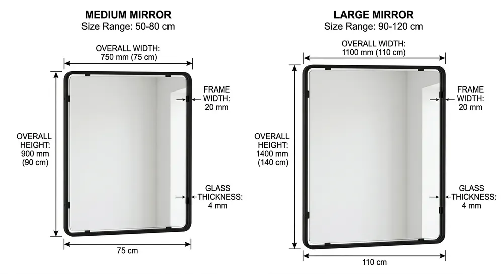 Side-by-side dimensional comparison of large 90-120 cm and medium 50-80 cm living room decor mirrors with frame and glass specs labeled
