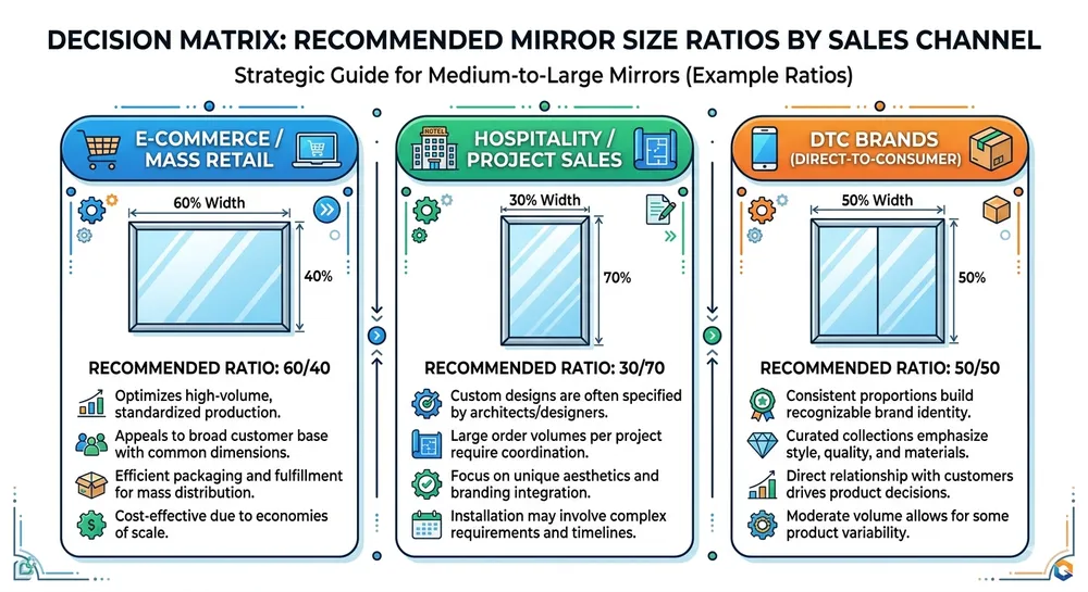 Decision matrix showing recommended medium-to-large mirror assortment ratios for e-commerce, hospitality, and DTC sales channels