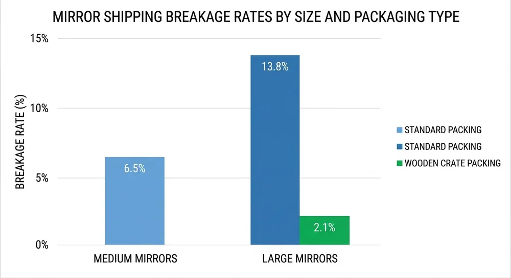 Comparison chart showing breakage rates for medium and large living room mirrors with standard versus upgraded packaging