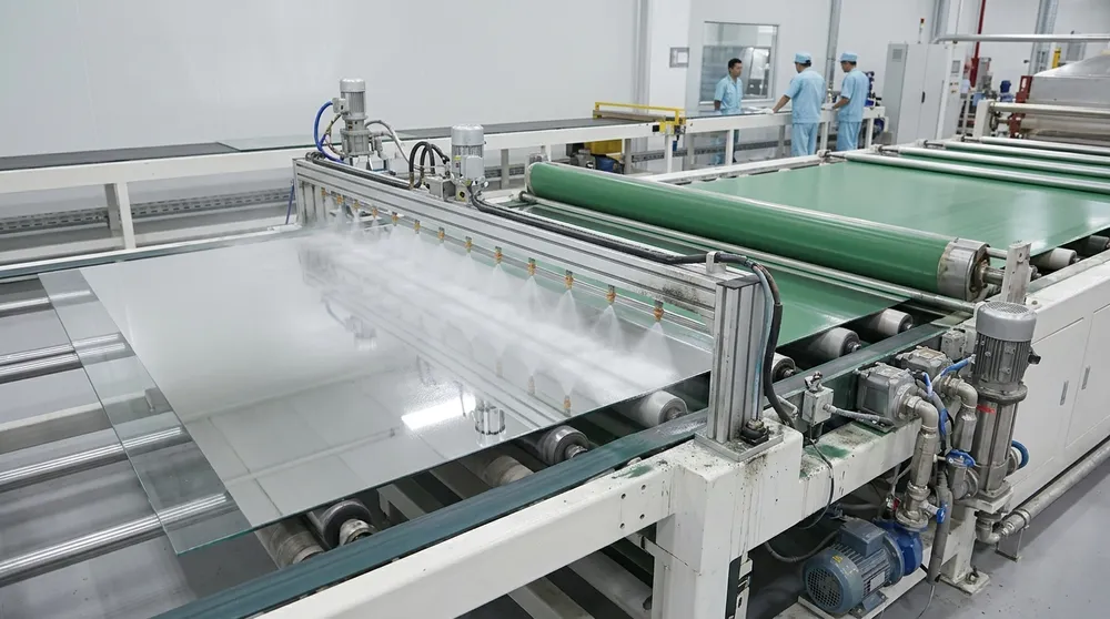 Mirror glass panel moving through copper-free silvering line with multi-layer protective coating application