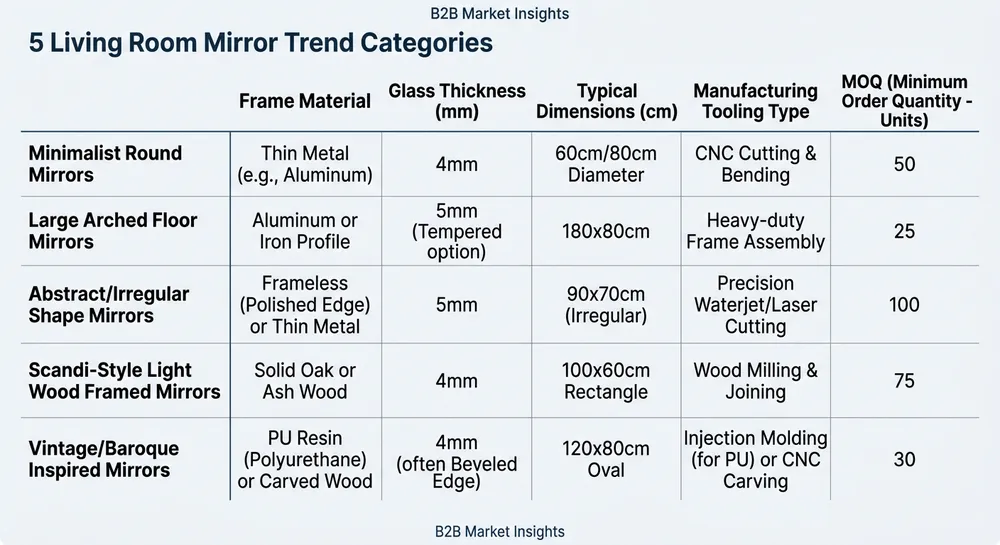 Comparison table of 2026 living room mirror trends by frame material, glass thickness, and MOQ for wholesale buyers