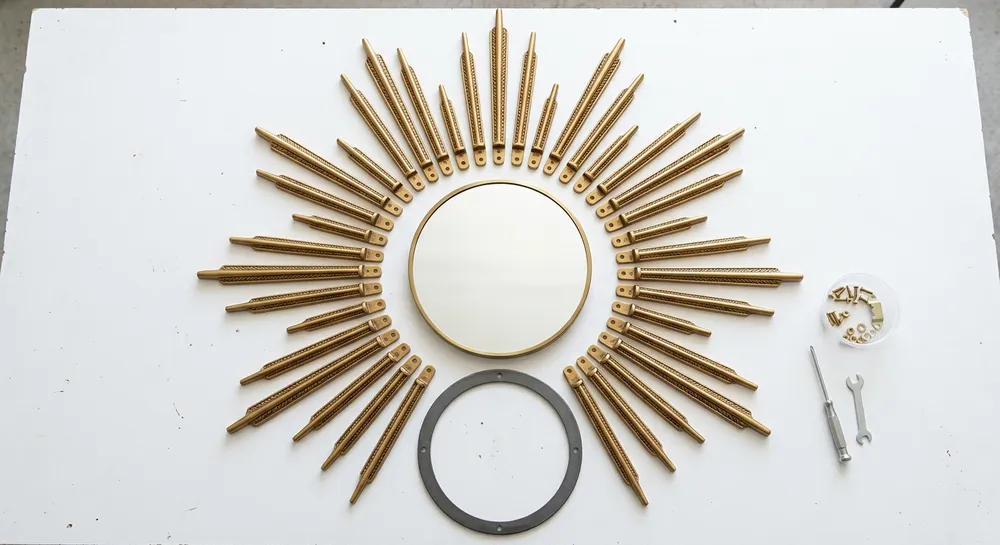 Resin sunburst mirror frame components laid out before assembly showing individual arm pieces and central mirror panel