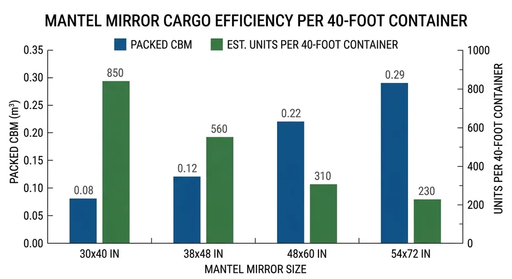 Bar chart comparing packed CBM and estimated units per container for four standard mantel mirror sizes