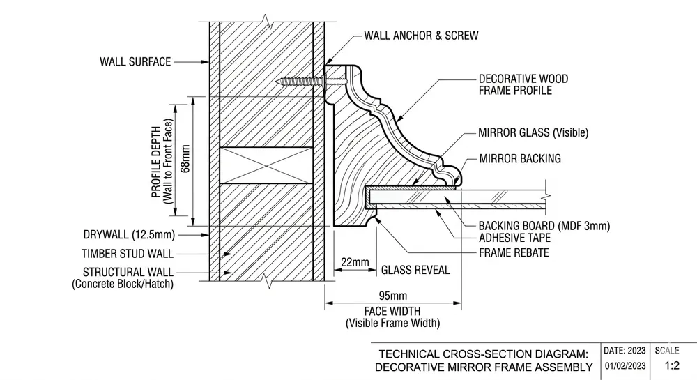 Cross-section diagram of a mantel mirror frame showing profile depth, face width, and wall projection measurements