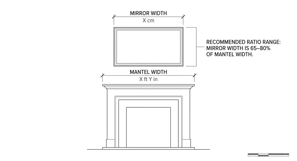 Diagram showing recommended mantel mirror width-to-mantel ratio with labeled dimensions for 36 to 72 inch mantels
