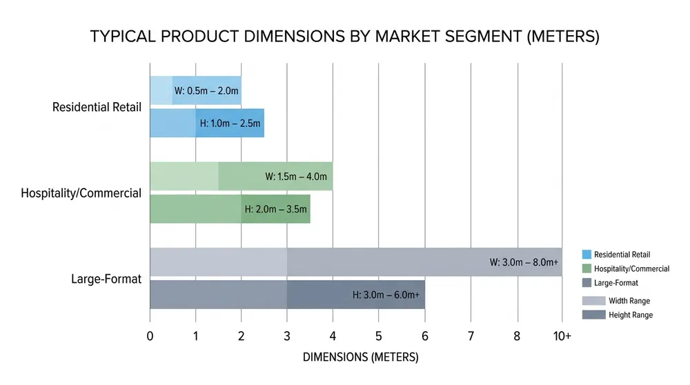 Chart showing three mantel mirror size brackets for residential retail, hospitality, and large-format commercial applications