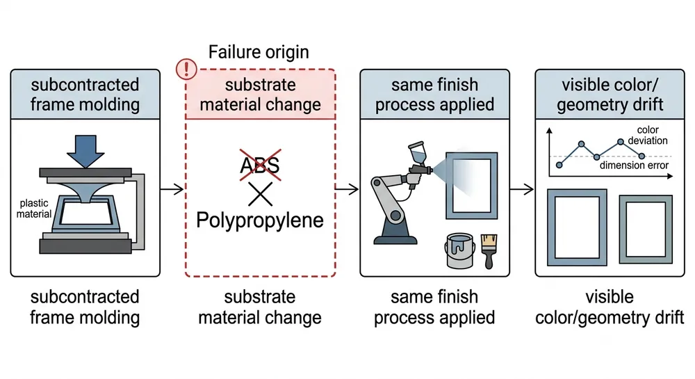 Diagram showing the supply chain failure chain that causes mantel mirror frame finish inconsistency across production batches