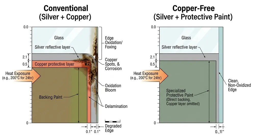Side-by-side comparison of copper-free and conventional silver mirror backing showing edge oxidation resistance difference