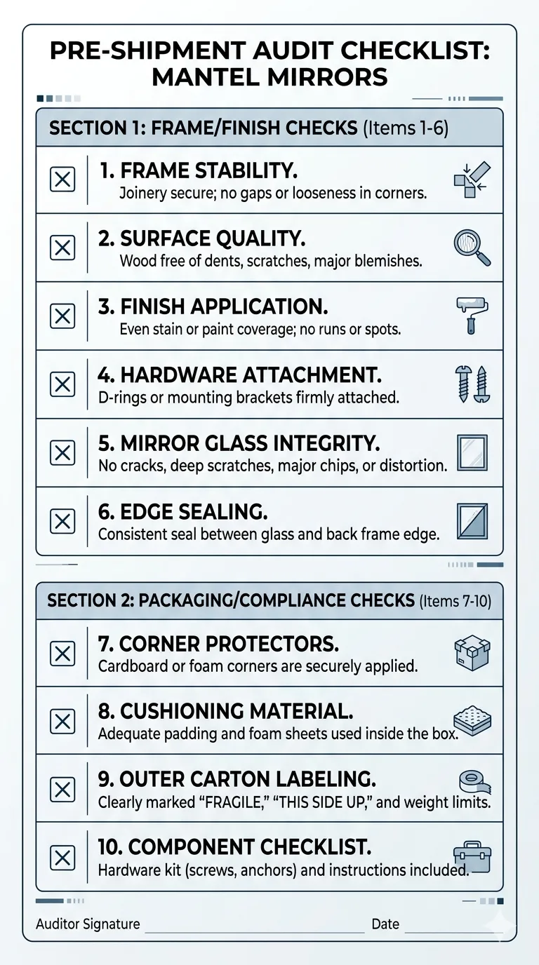 Pre-shipment audit checklist for wholesale mantel mirror orders showing 10 inspection points
