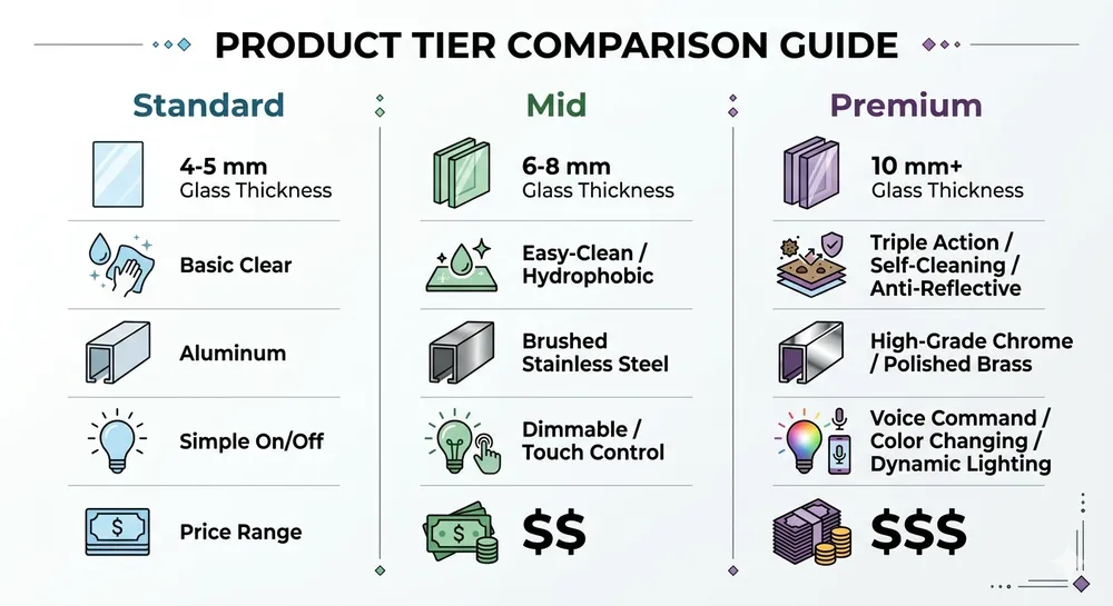 Spec comparison table visual for bathroom mirror tiers showing glass, coating, frame, and LED feature differences