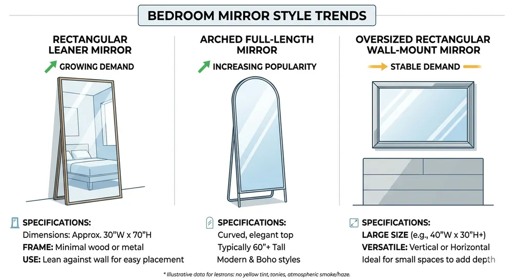 Comparison of bedroom mirror formats showing full-length leaner, arched wall-mount, and oversized rectangular styles with relative demand indicators