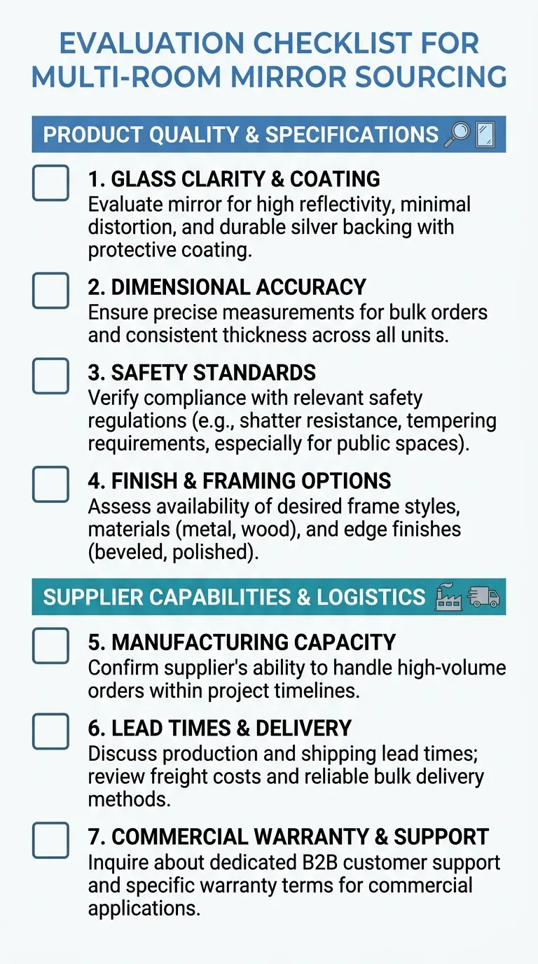 Sourcing checklist for buyers evaluating a multi-room decorative mirror supplier covering production lines, glass processing, QC, and packaging
