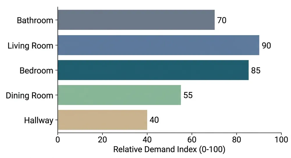 Bar chart comparing relative demand growth across bathroom, living room, bedroom, dining room, and hallway mirror categories in the US market