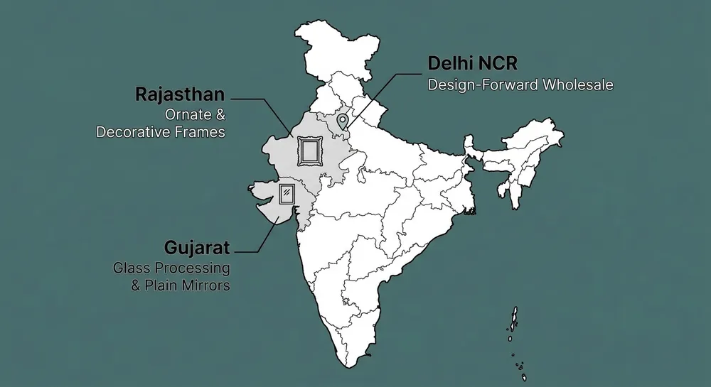 Map showing regional clusters of decorative mirror manufacturers across India including Rajasthan, Gujarat, and Delhi NCR