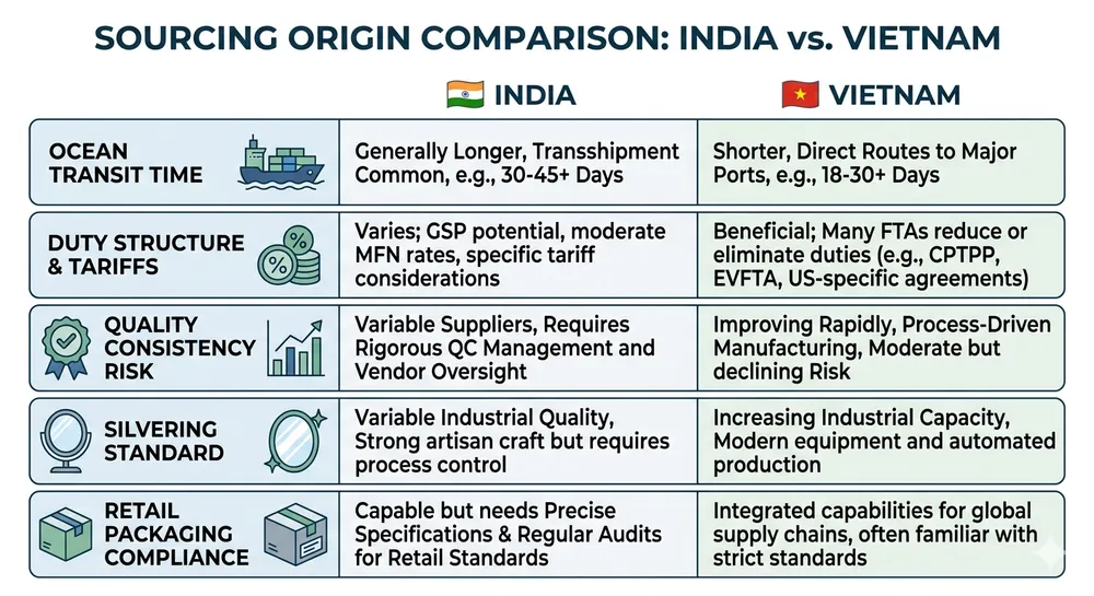 Comparison chart of landed cost factors for sourcing decorative mirrors from India versus Vietnam for North American buyers