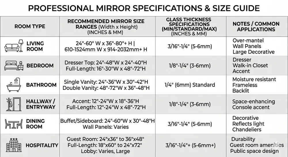 Chart showing standard decorative mirror dimensions and glass thickness specifications by room type for wholesale buyers