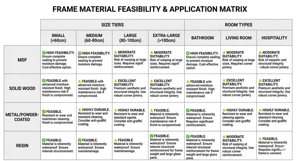 Matrix showing recommended mirror frame materials (MDF, wood, metal, resin) by mirror size range and room application
