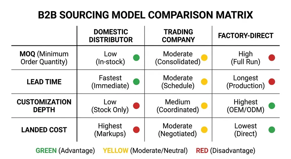 Comparison matrix of USA room decor mirror supplier types showing domestic distributor vs trading company vs factory-direct on MOQ, lead time, customization, and landed cost