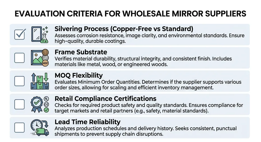 Checklist of key evaluation criteria for wholesale room decor mirror suppliers including MOQ, silvering process, and retail compliance