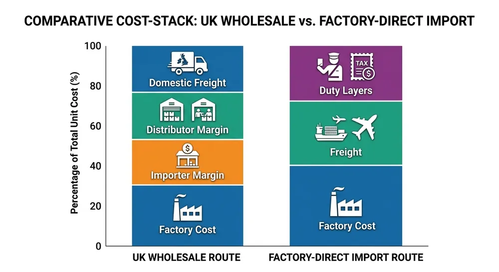 Factory-Direct vs UK Wholesale Landed Cost Landed cost comparison diagram showing factory-direct import from Vietnam versus UK wholesale mirror pricing layers