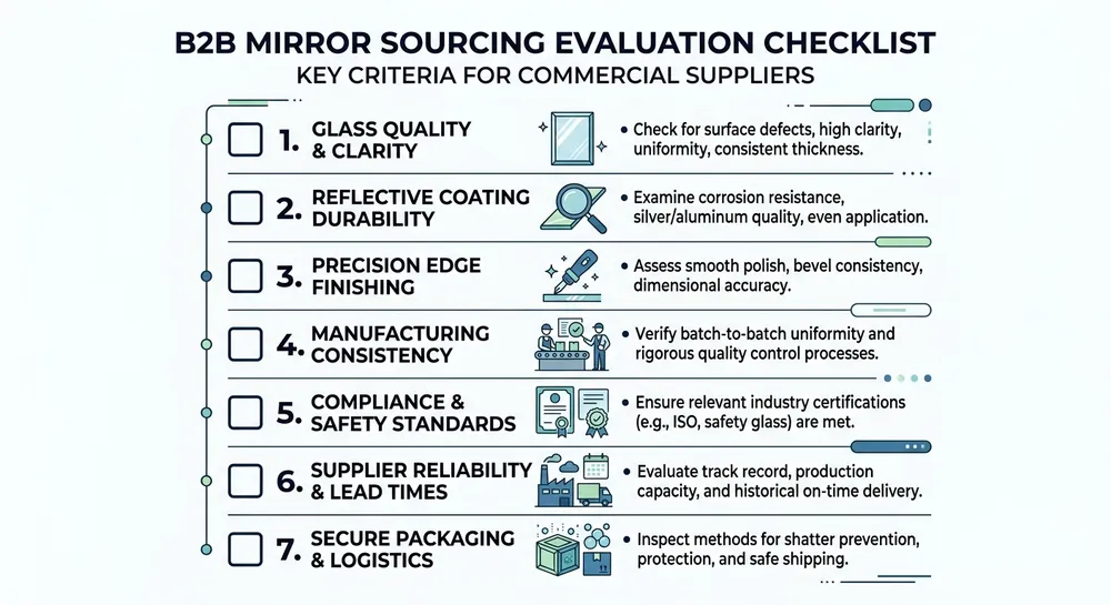 Mirror Wholesaler Evaluation Criteria Checklist of B2B evaluation criteria for UK room decor mirror wholesalers including MOQ, UKCA compliance, and Incoterms